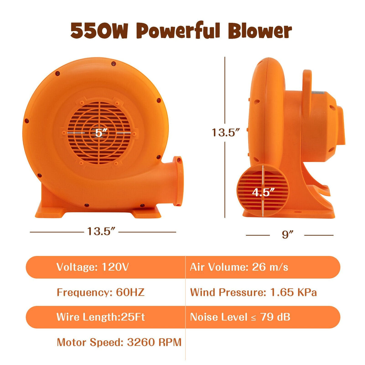 Soplador de aire de 550 W para inflables, con cable de 25 pies y enchufe GFCI de 550 W