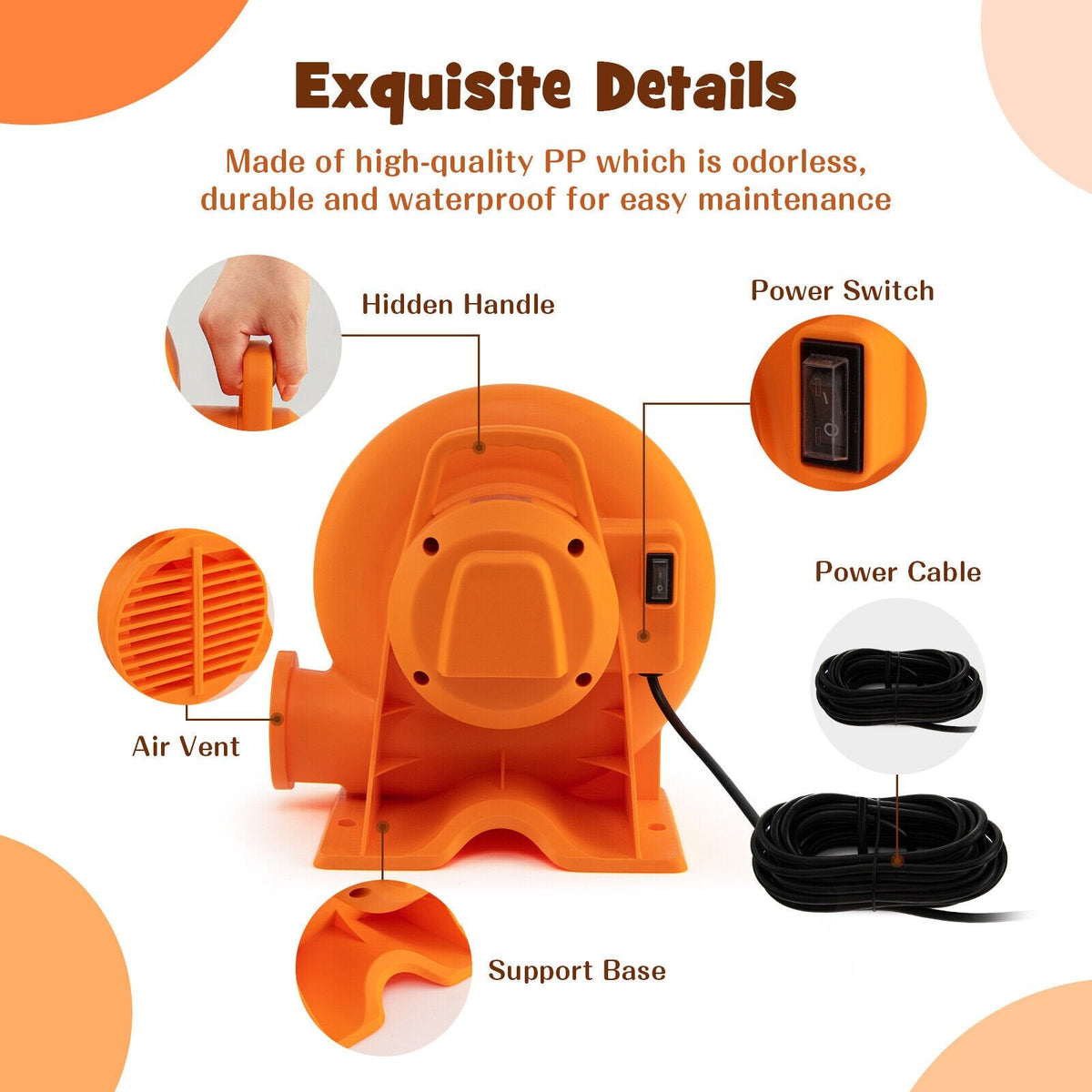 Soplador de aire de 550 W para inflables, con cable de 25 pies y enchufe GFCI de 550 W