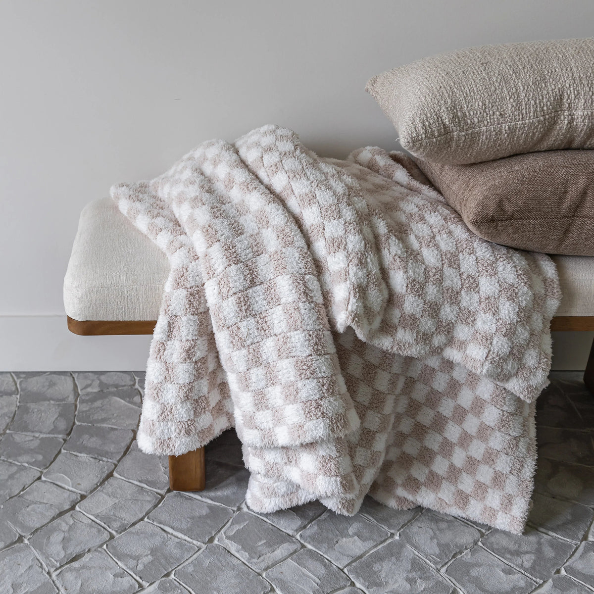 Blushing Beige & White Check Print Extended Throw