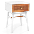 1-Drawer Modern Bedside Table with Rattan Front and Solid Wood Legs, White