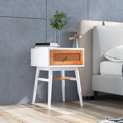 1-Drawer Modern Bedside Table with Rattan Front and Solid Wood Legs, White