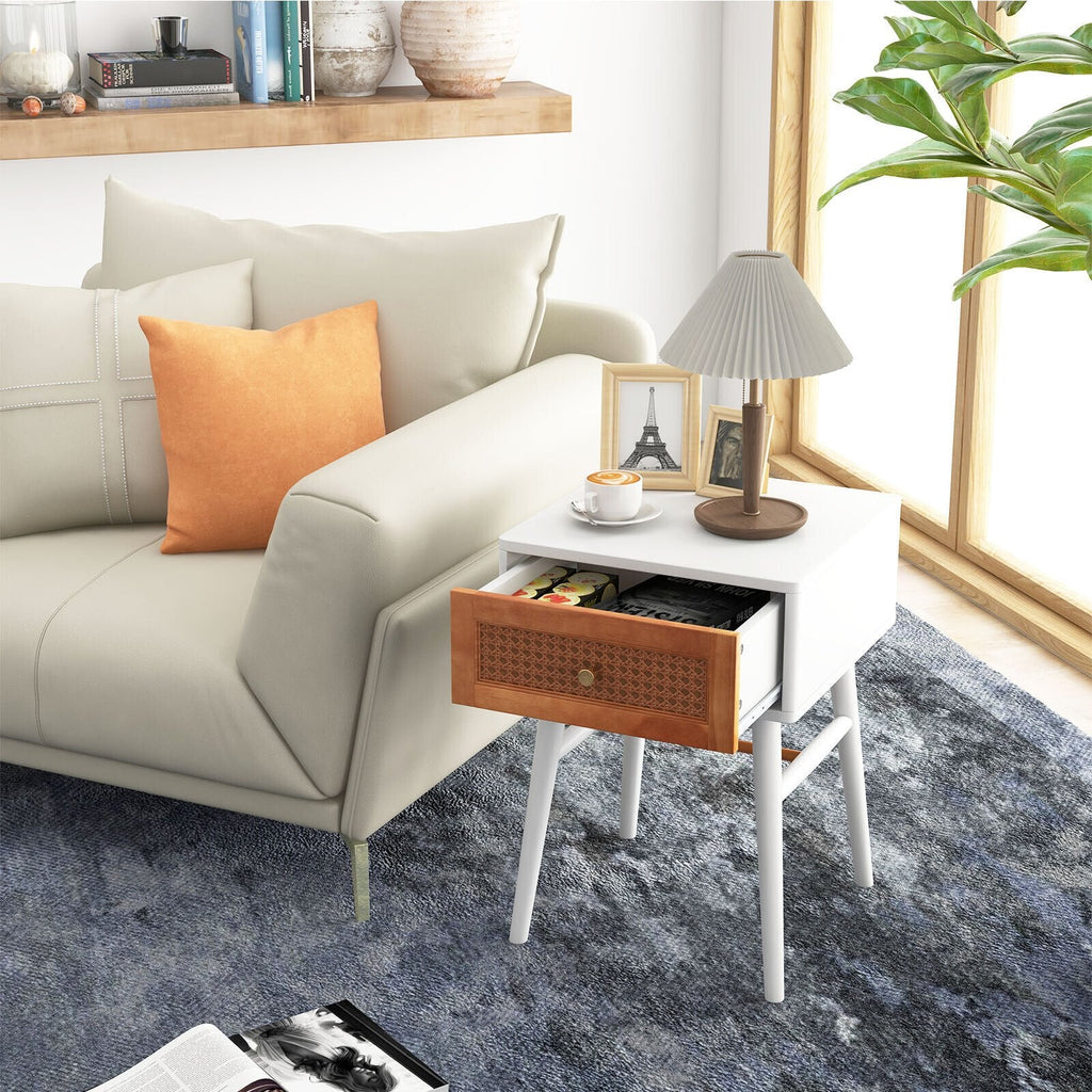 1-Drawer Modern Bedside Table with Rattan Front and Solid Wood Legs, White