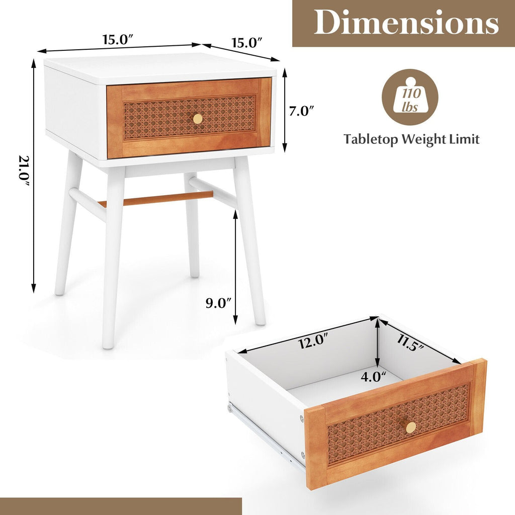 1-Drawer Modern Bedside Table with Rattan Front and Solid Wood Legs, White