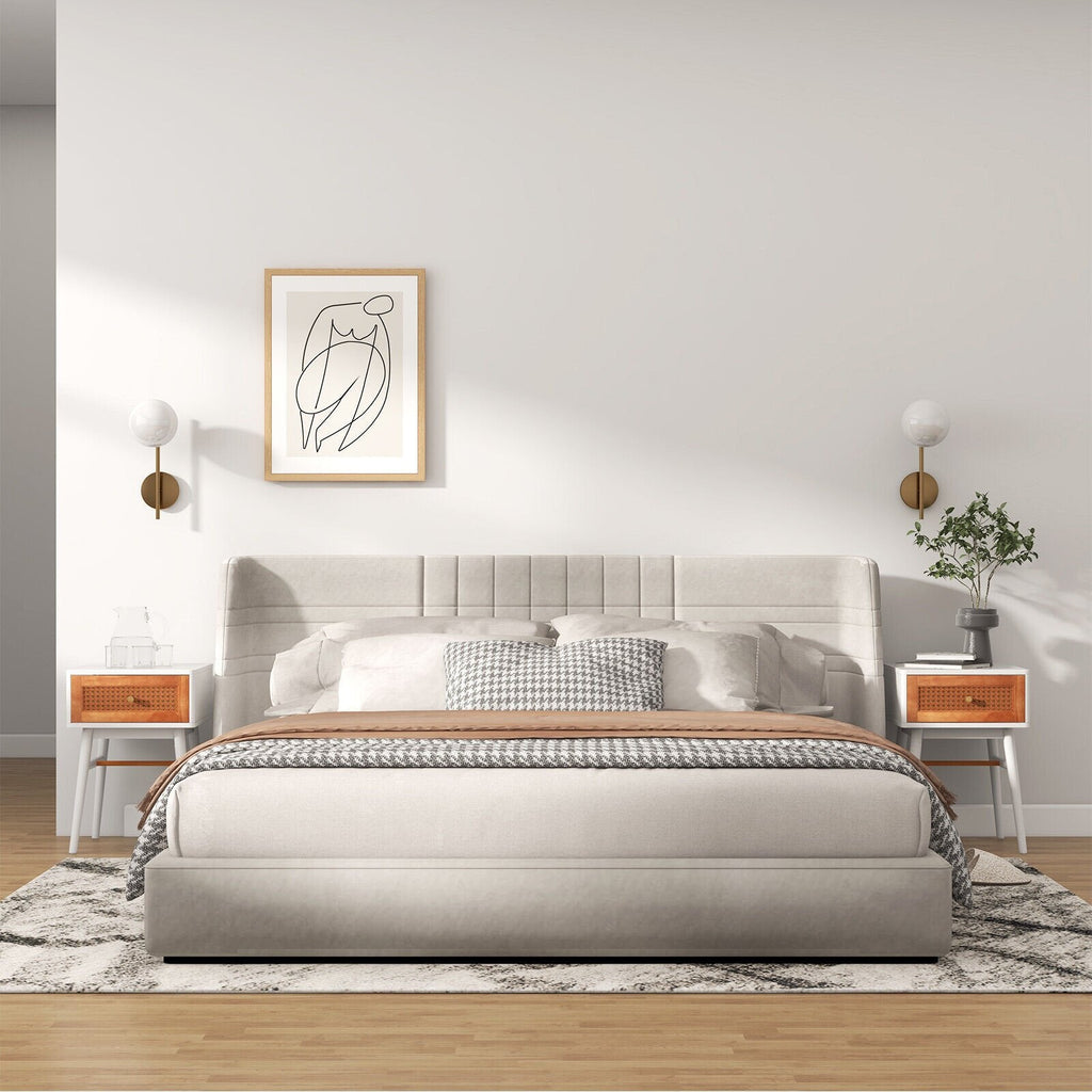1-Drawer Modern Bedside Table with Rattan Front and Solid Wood Legs, White