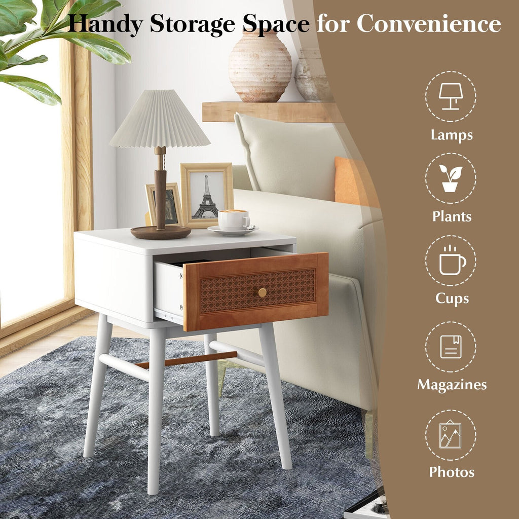 1-Drawer Modern Bedside Table with Rattan Front and Solid Wood Legs, White