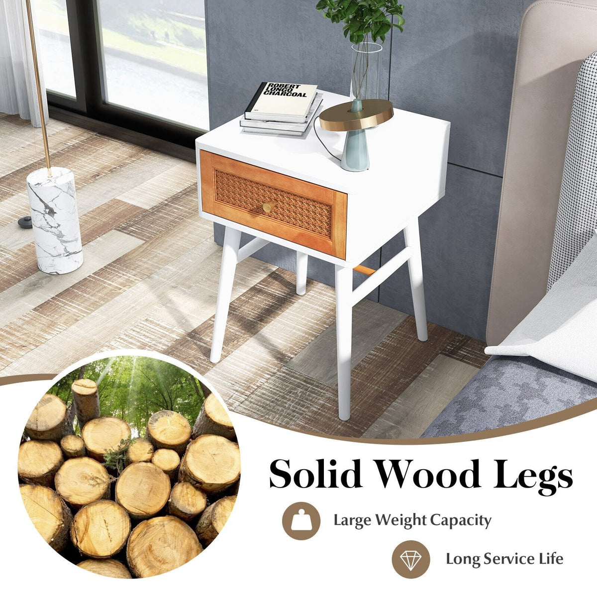1-Drawer Modern Bedside Table with Rattan Front and Solid Wood Legs, White
