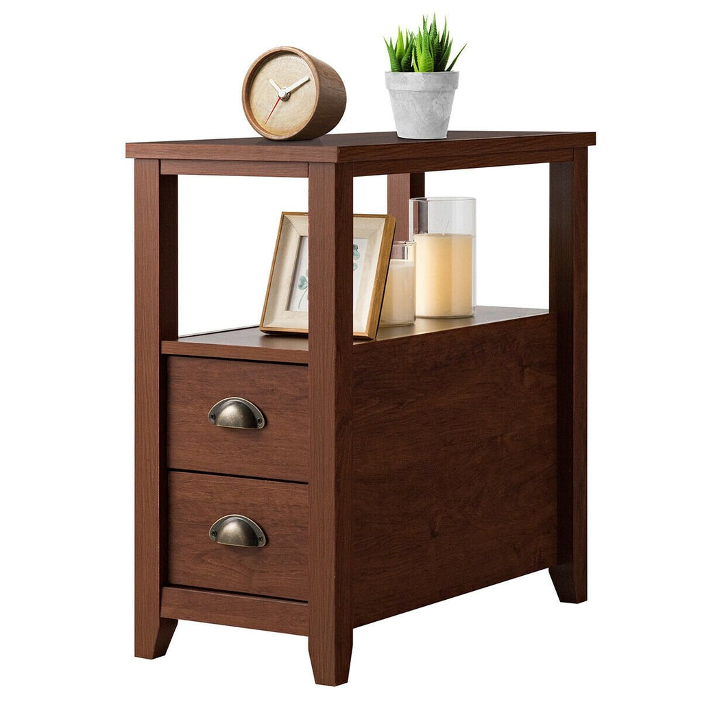 Mesa auxiliar estrecha y mesita de noche con 2 cajones y estante abierto, marrón