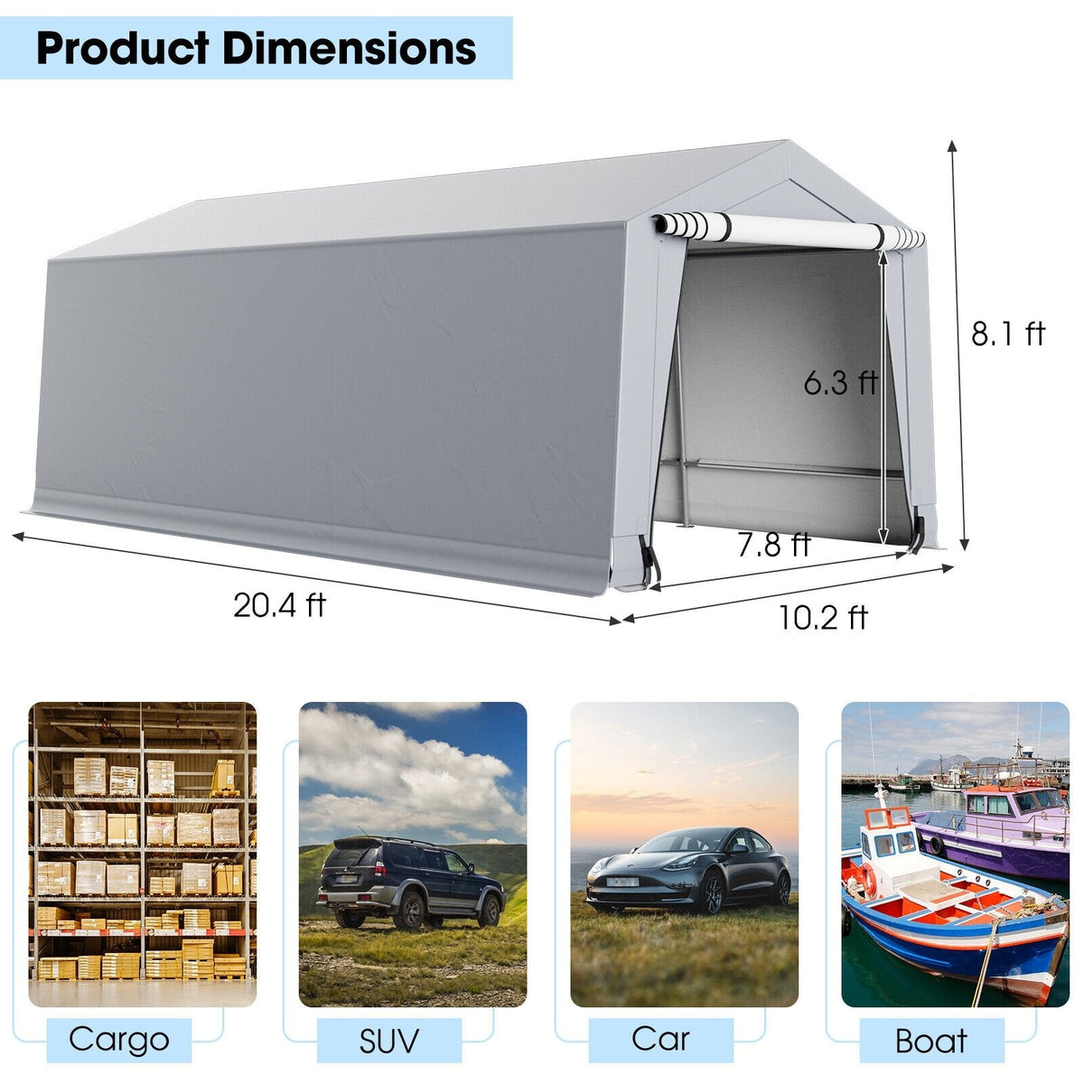 Abri de voiture extérieur robuste 3 x 4,8 m / 3 x 6 m avec 2 portes - 3 x 6 m