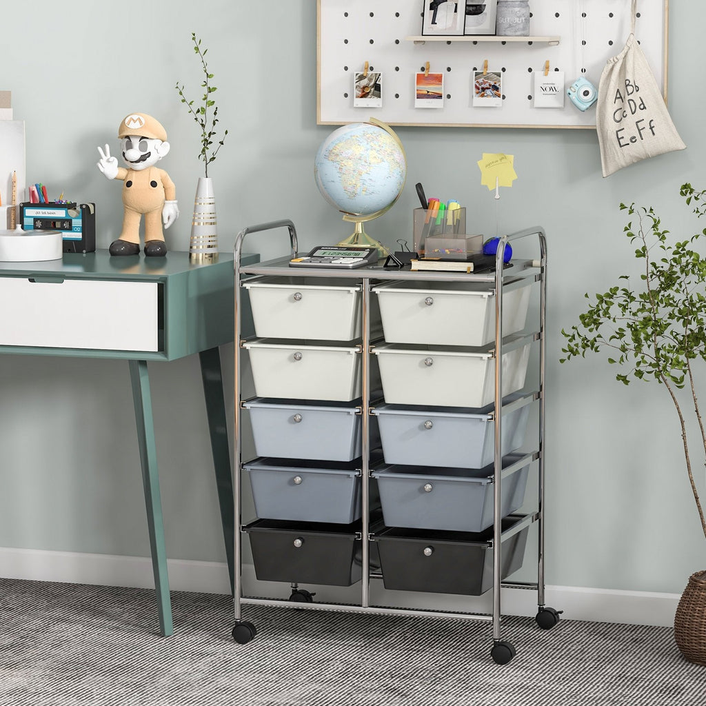 Chariot de rangement à roulettes 10 tiroirs – Beige et gris