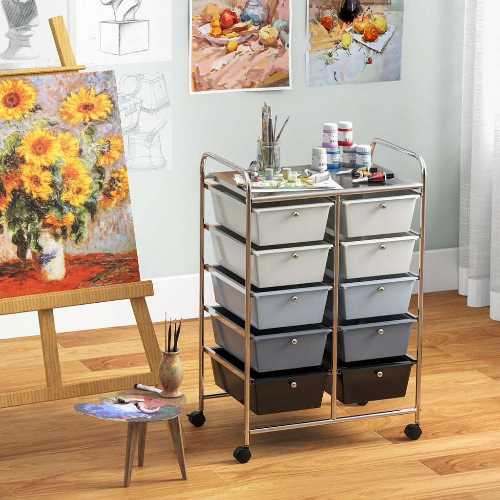 Chariot de rangement à roulettes 10 tiroirs – Beige et gris