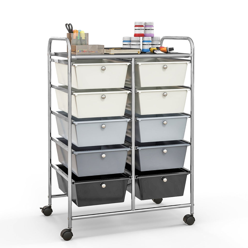 Chariot de rangement à roulettes 10 tiroirs – Beige et gris