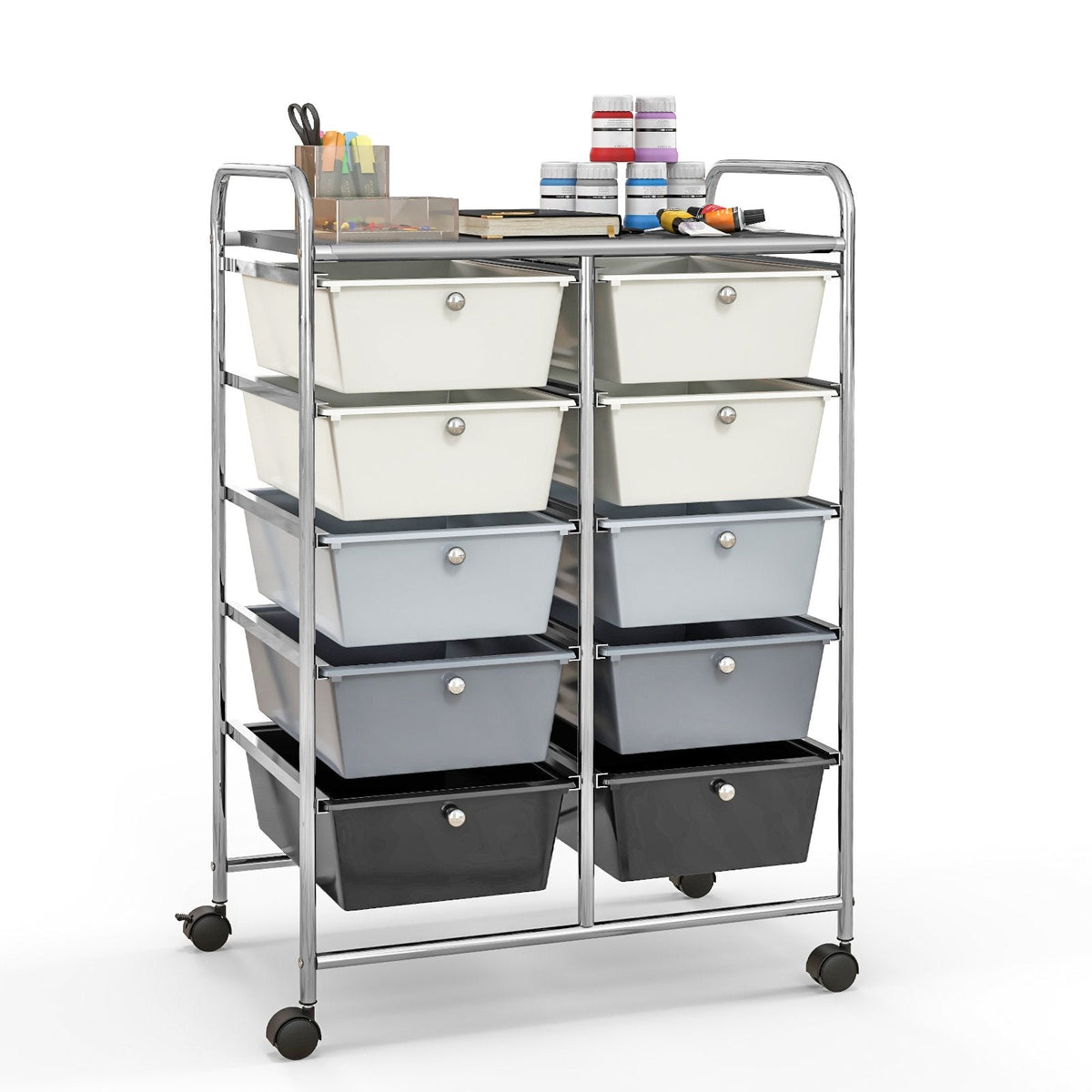 Chariot de rangement à roulettes 10 tiroirs – Beige et gris