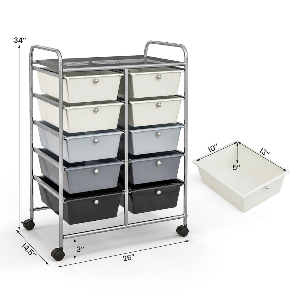 Chariot de rangement à roulettes 10 tiroirs – Beige et gris