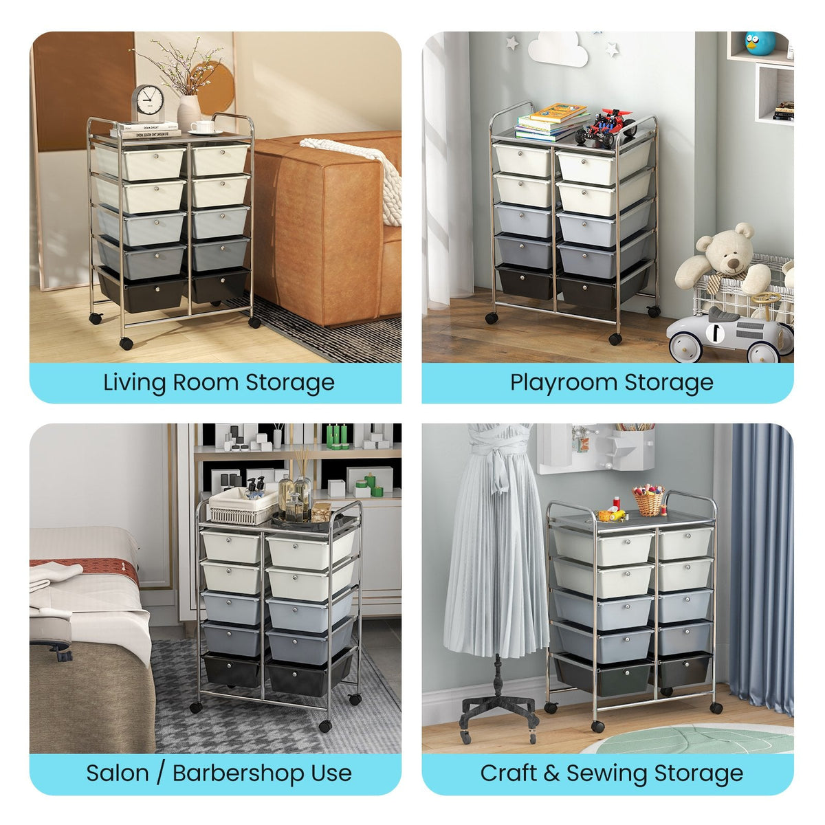 Chariot de rangement à roulettes 10 tiroirs – Beige et gris