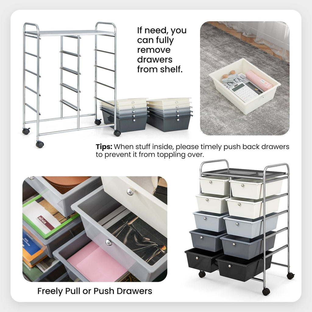 Chariot de rangement à roulettes 10 tiroirs – Beige et gris