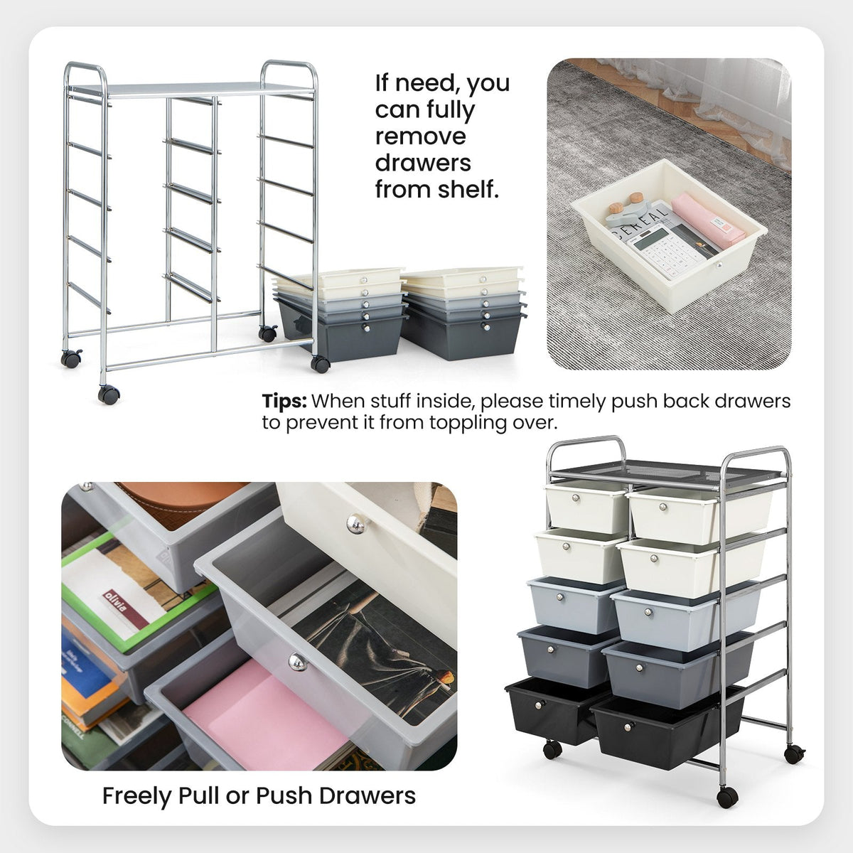 Chariot de rangement à roulettes 10 tiroirs – Beige et gris