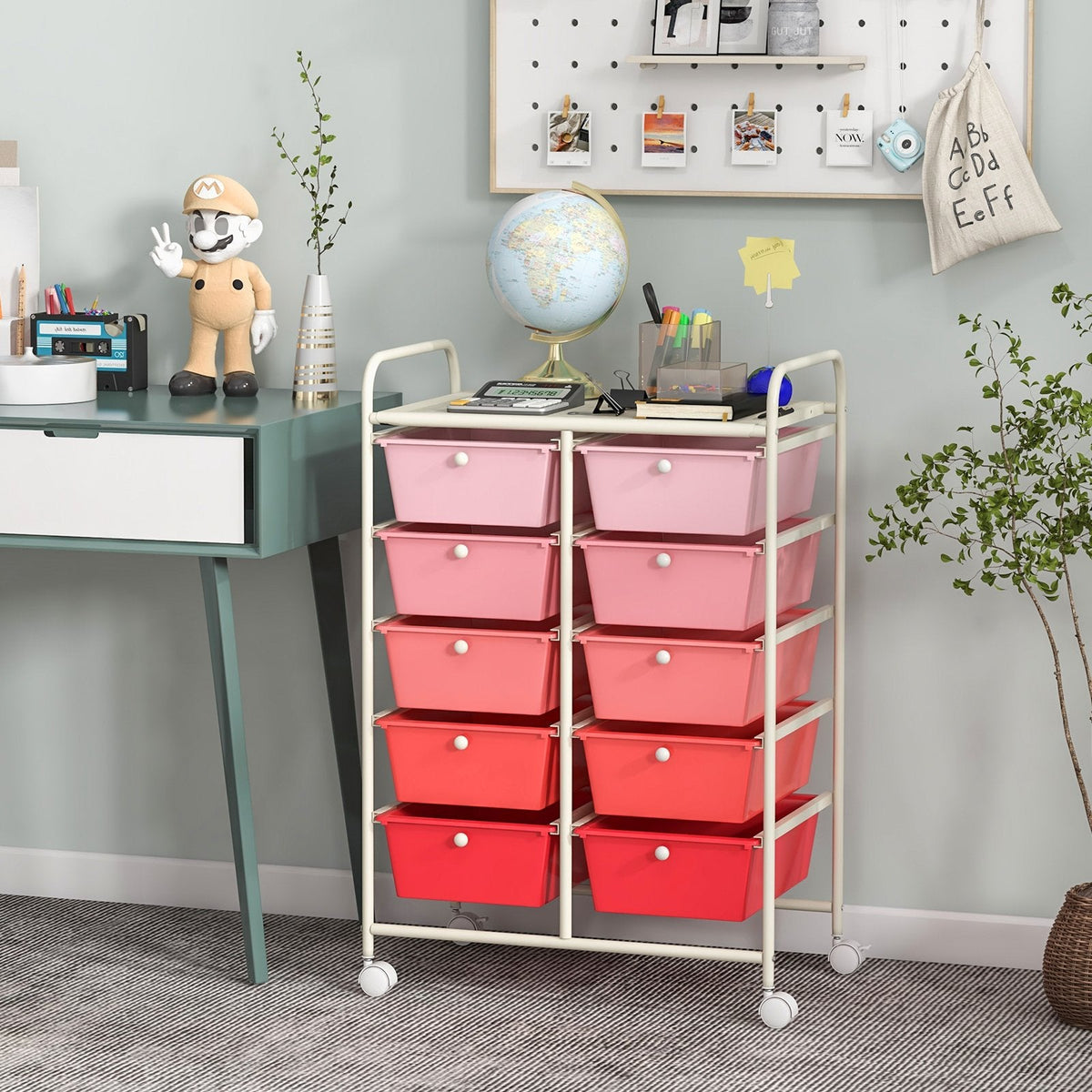 Chariot de rangement roulant à 10 tiroirs – Rose dégradé