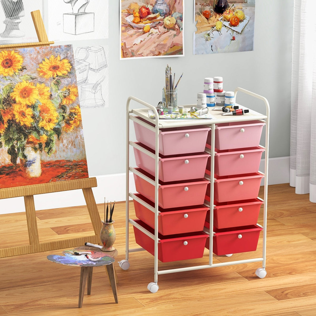 Chariot de rangement roulant à 10 tiroirs – Rose dégradé