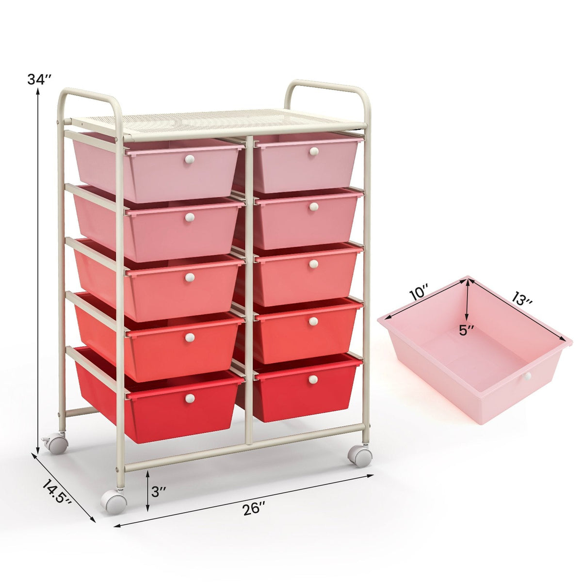 Chariot de rangement roulant à 10 tiroirs – Rose dégradé