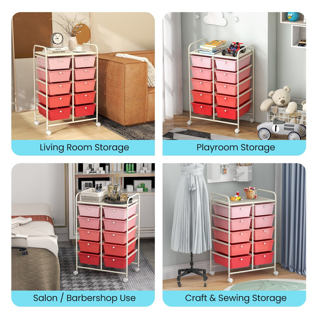 Chariot de rangement roulant à 10 tiroirs – Rose dégradé