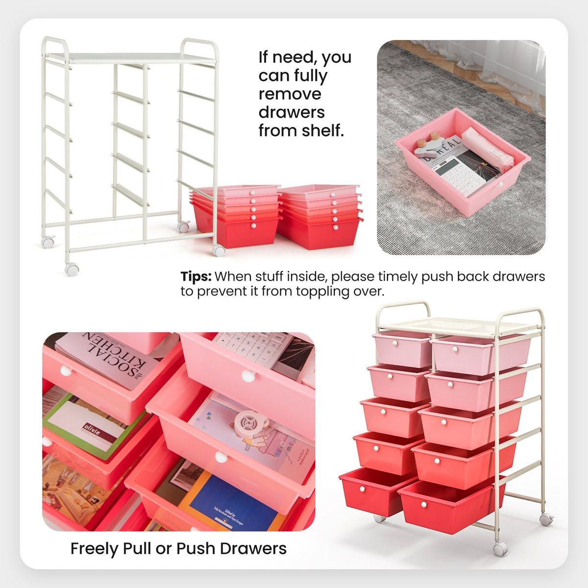 Chariot de rangement roulant à 10 tiroirs – Rose dégradé