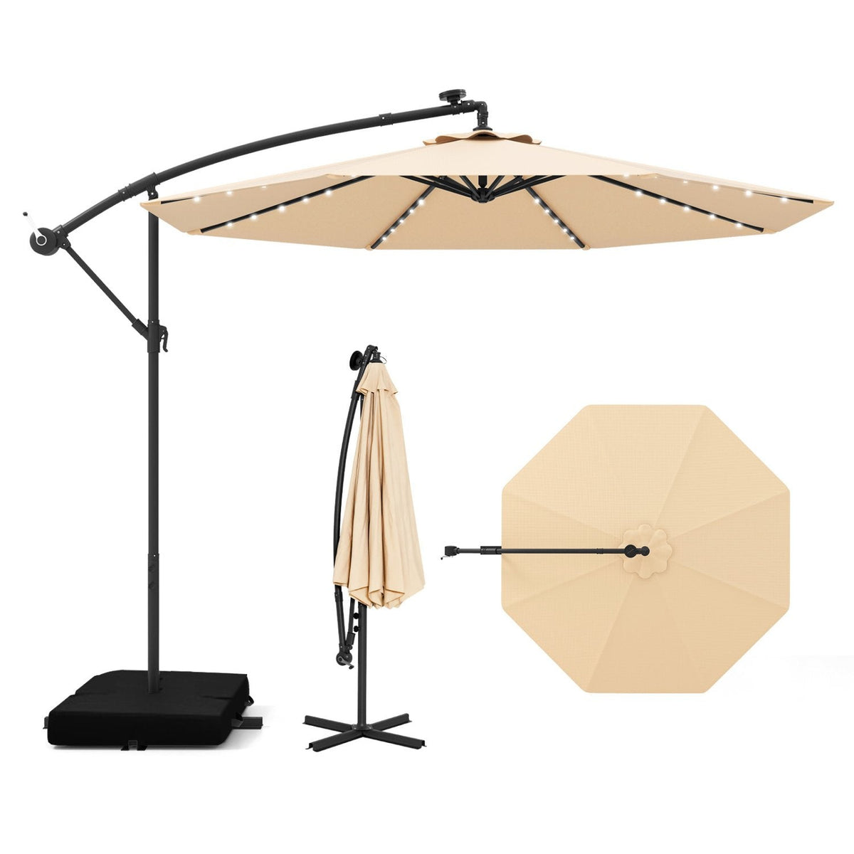Parasol déporté de 10 pieds avec 32 lumières LED et batteries à panneau solaire - Beige