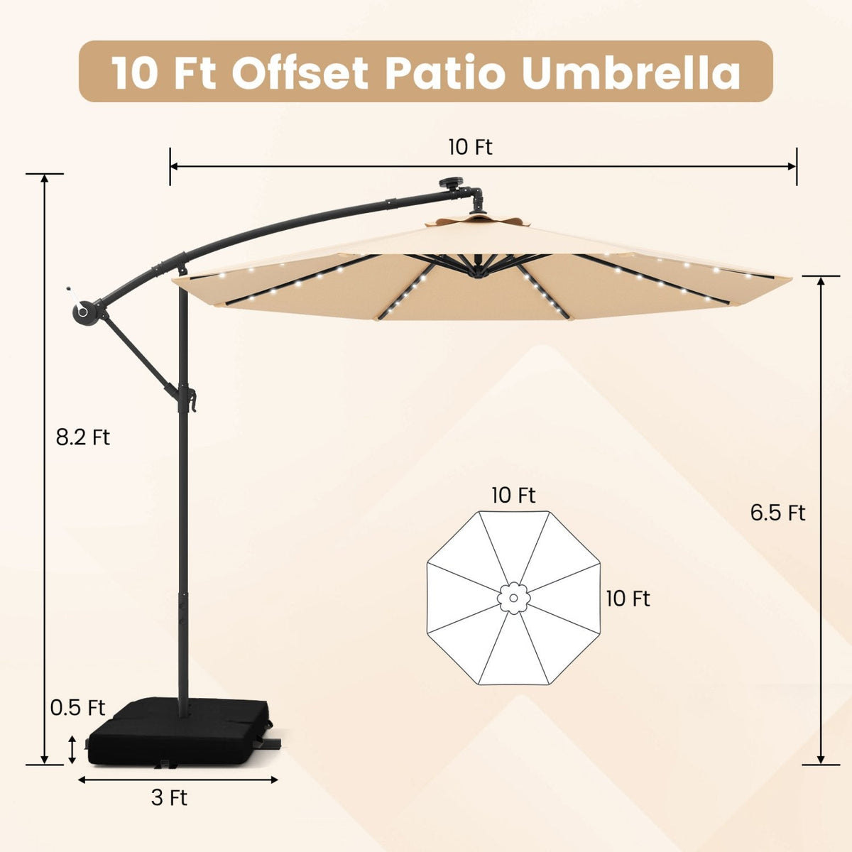 Parasol déporté de 10 pieds avec 32 lumières LED et batteries à panneau solaire - Beige