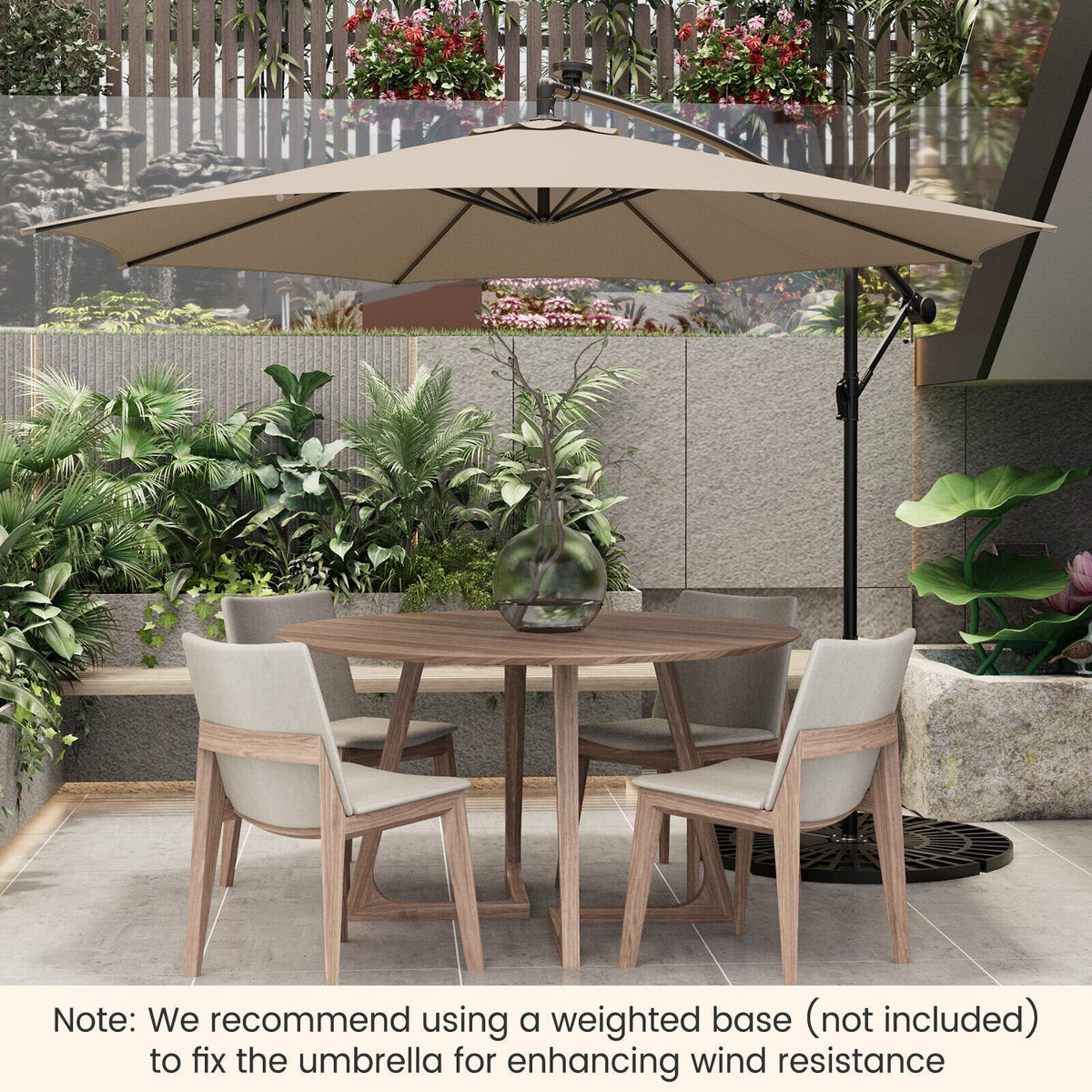 Parasol déporté de 3 m avec 112 lumières LED solaires - Beige - Beige