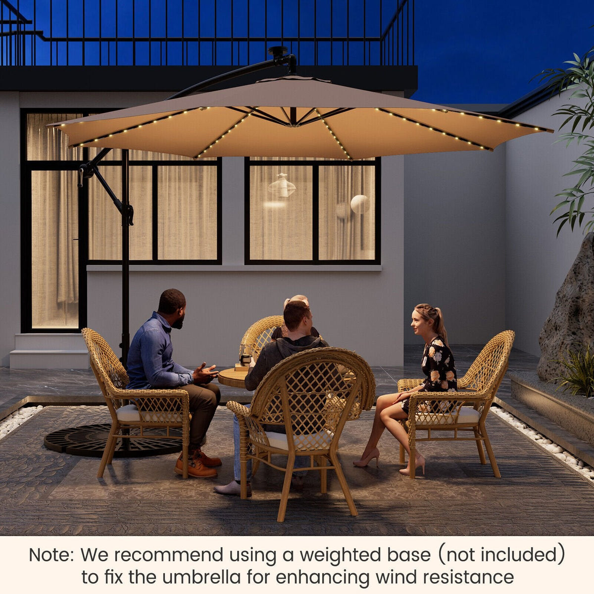 Parasol déporté de 3 m avec 112 lumières LED solaires - Beige - Beige