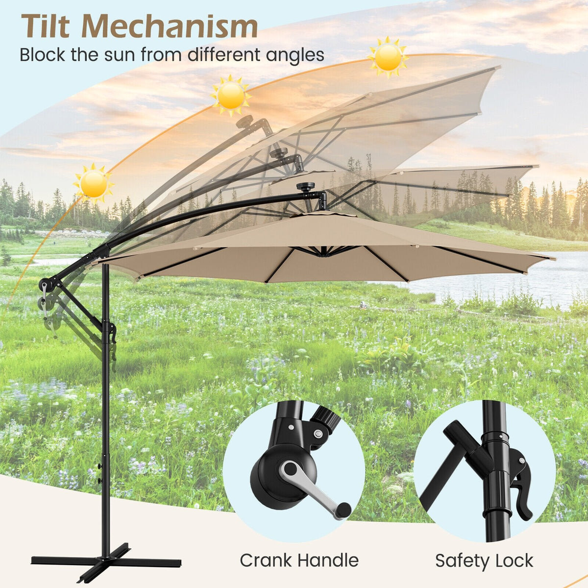 Parasol déporté de 3 m avec 112 lumières LED solaires - Beige - Beige