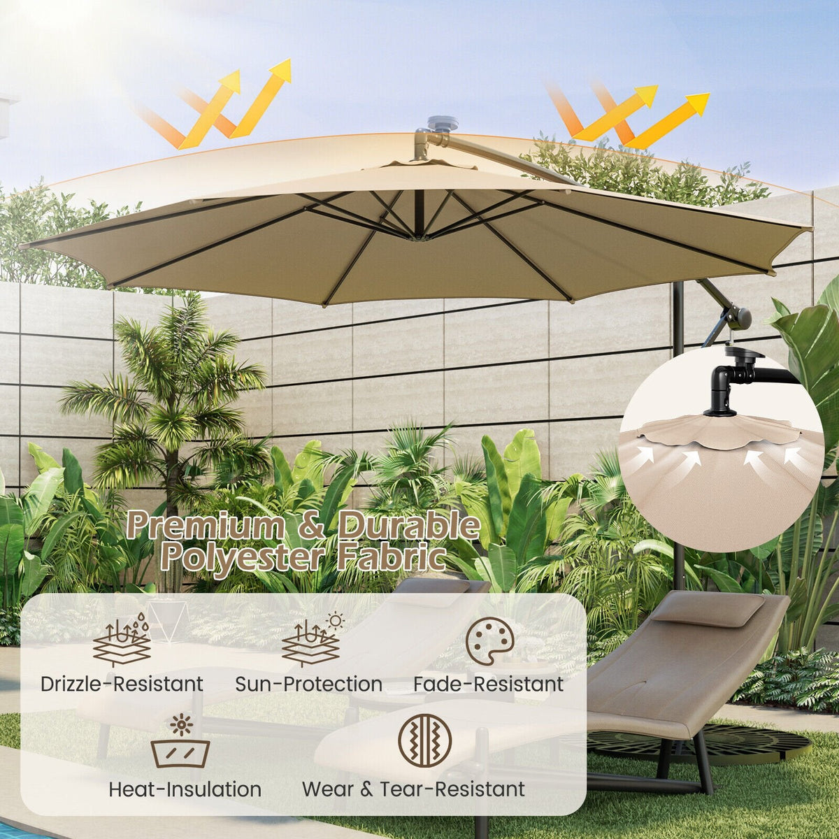 Parasol déporté de 3 m avec 112 lumières LED solaires - Beige - Beige