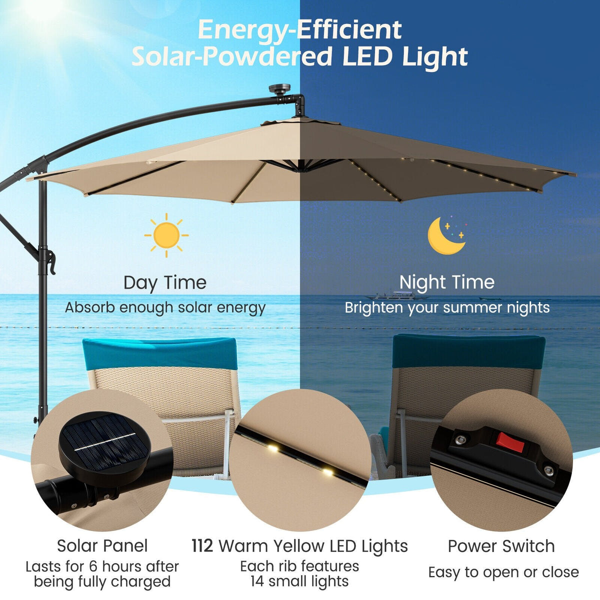 Parasol déporté de 3 m avec 112 lumières LED solaires - Beige - Beige