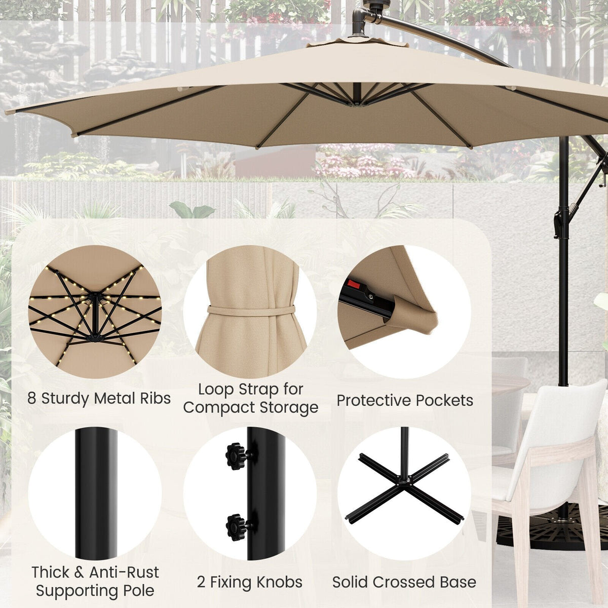 Parasol déporté de 3 m avec 112 lumières LED solaires - Beige - Beige
