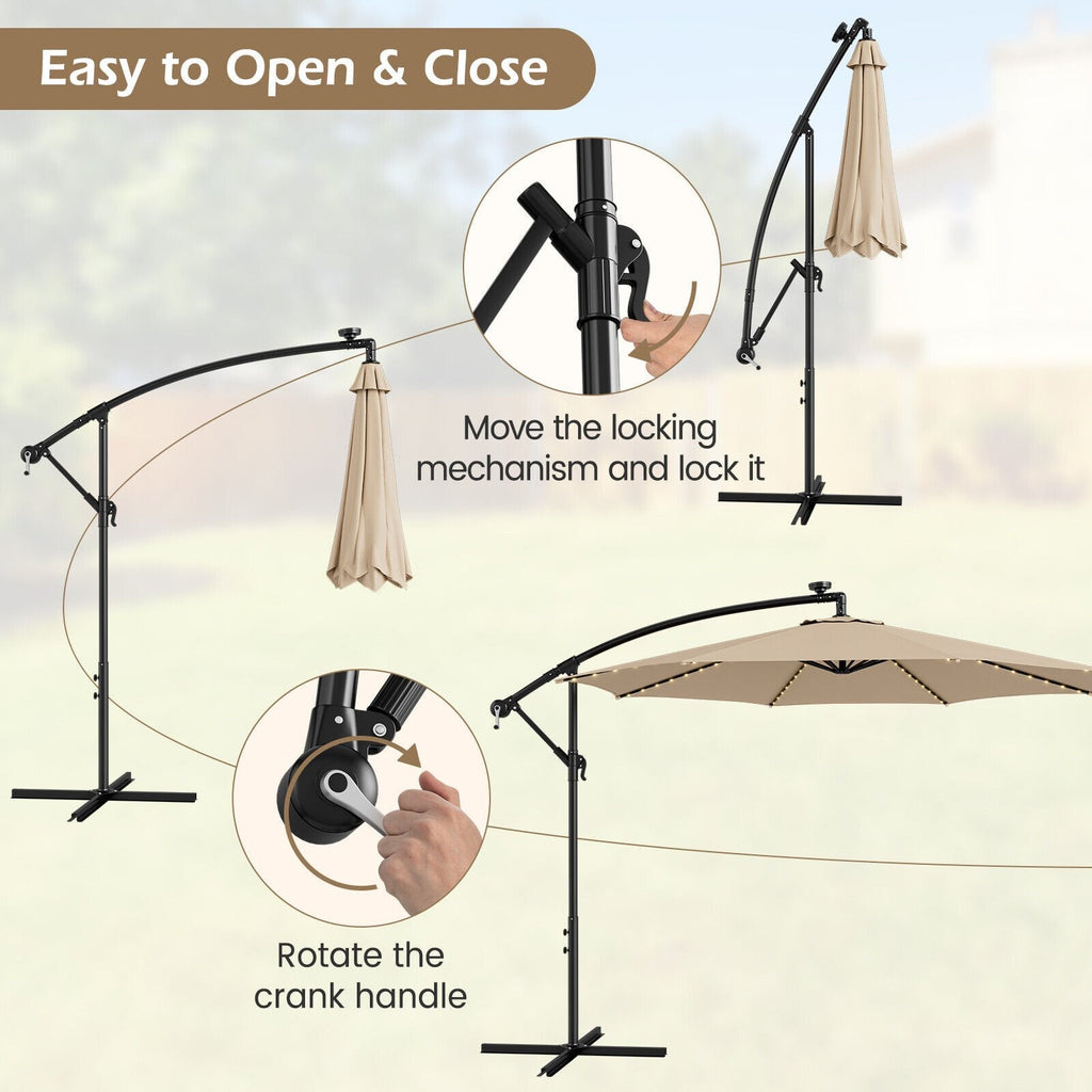 Parasol déporté de 3 m avec 112 lumières LED solaires - Beige - Beige