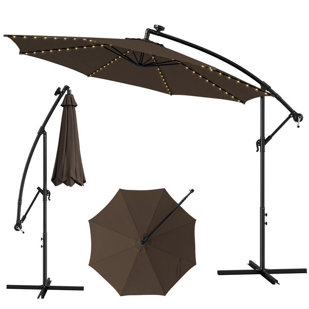 Parasol déporté de 3 m avec 112 lumières LED solaires - Beige-Café