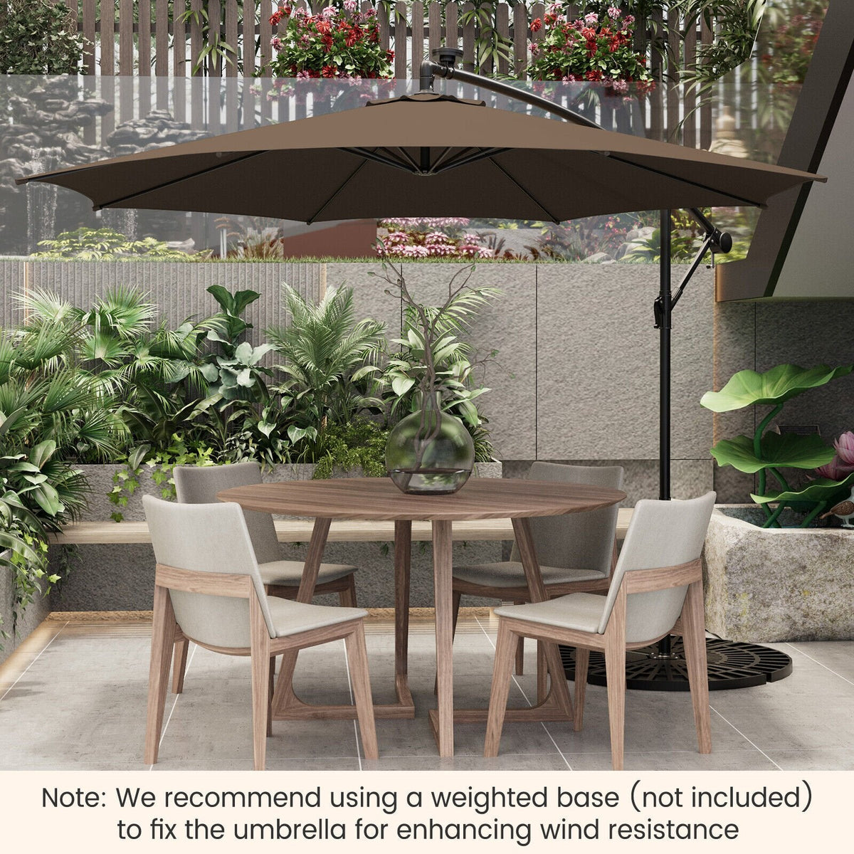 Parasol déporté de 3 m avec 112 lumières LED solaires - Beige-Café