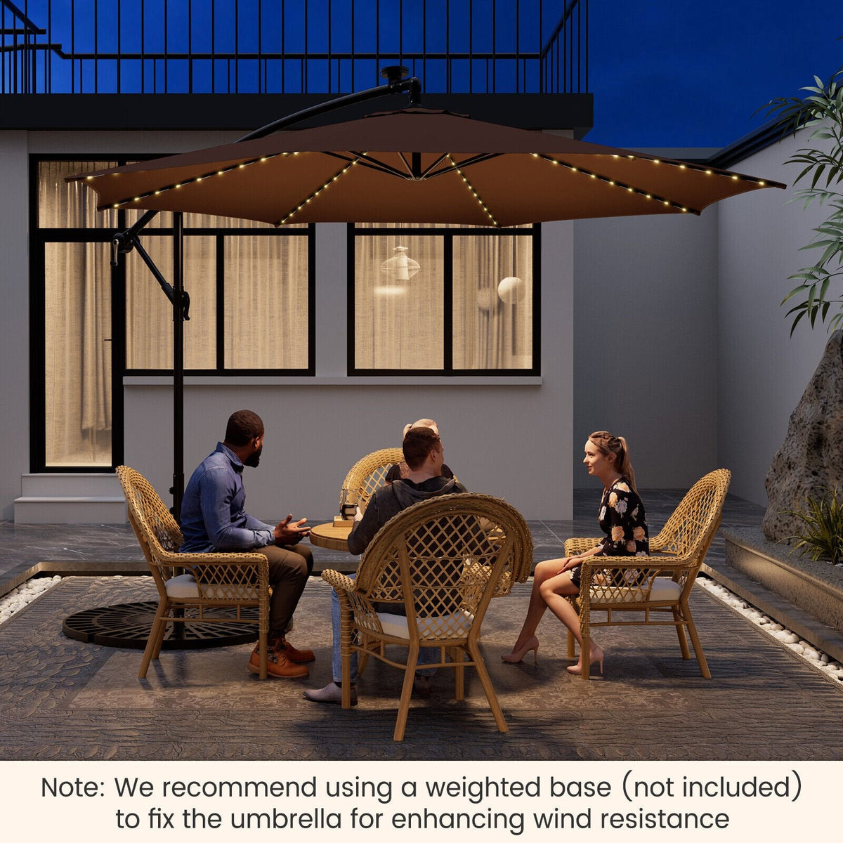 Parasol déporté de 3 m avec 112 lumières LED solaires - Beige-Café