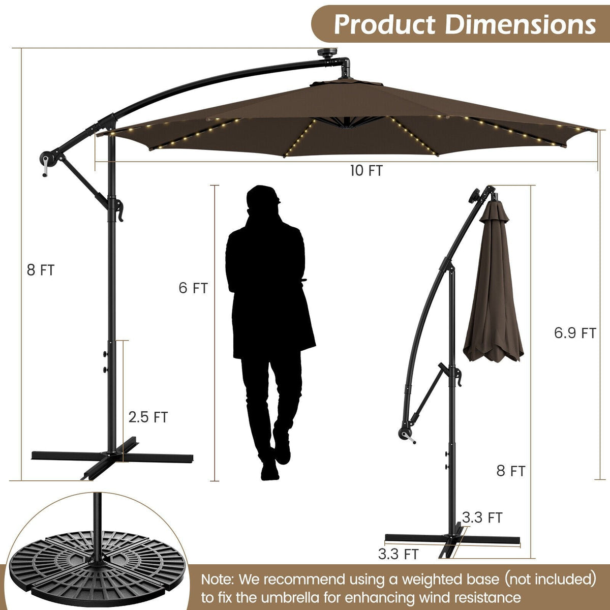 Parasol déporté de 3 m avec 112 lumières LED solaires - Beige-Café