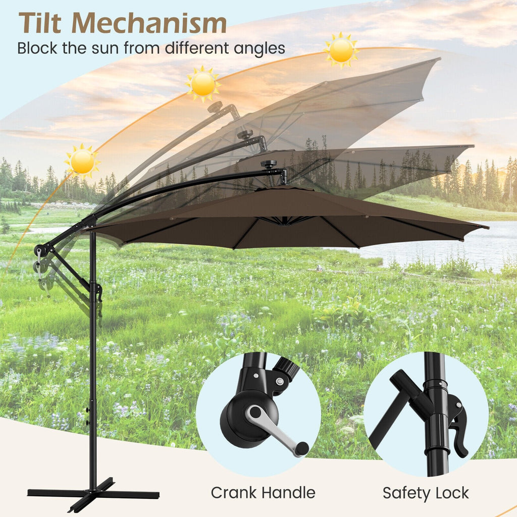 Parasol déporté de 3 m avec 112 lumières LED solaires - Beige-Café