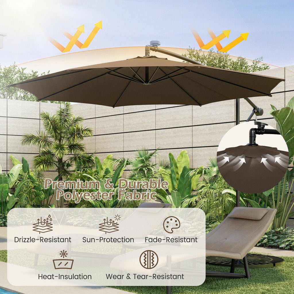 Parasol déporté de 3 m avec 112 lumières LED solaires - Beige-Café