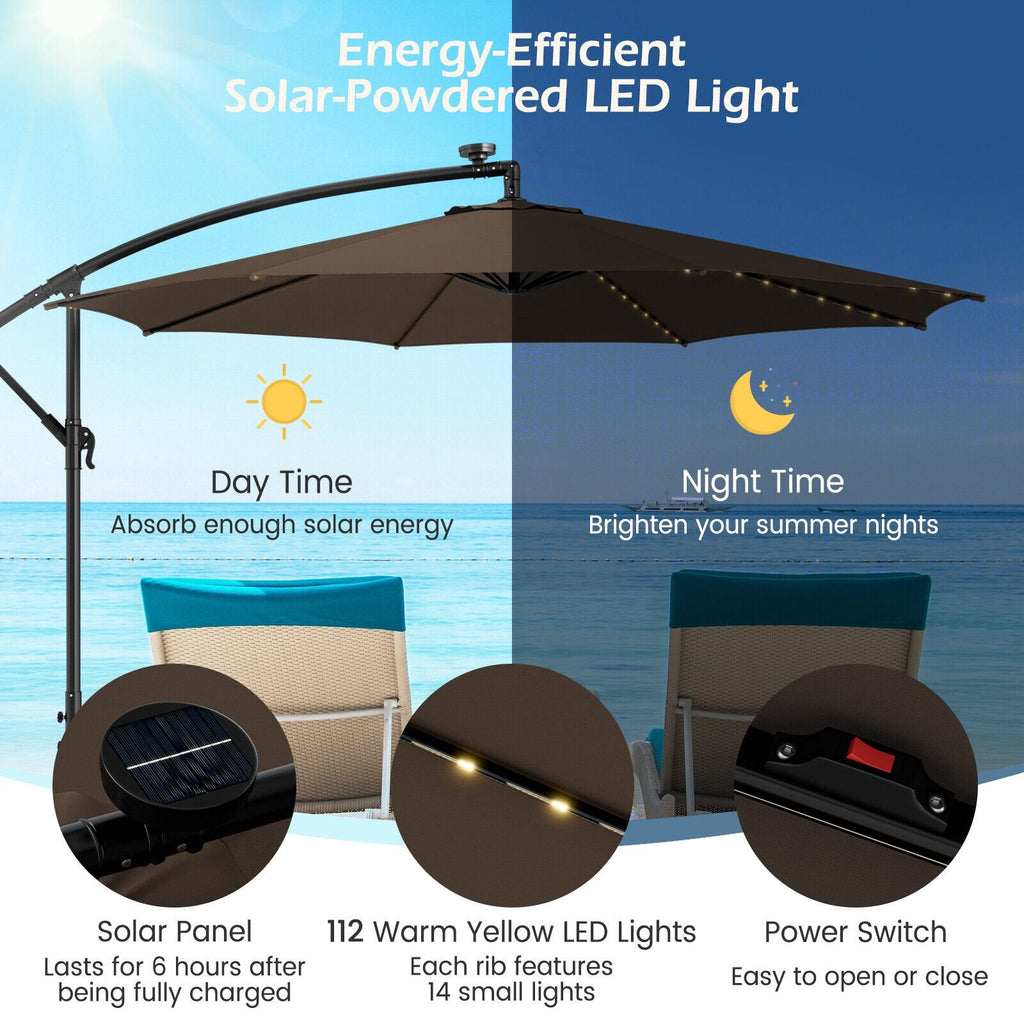 Parasol déporté de 3 m avec 112 lumières LED solaires - Beige-Café