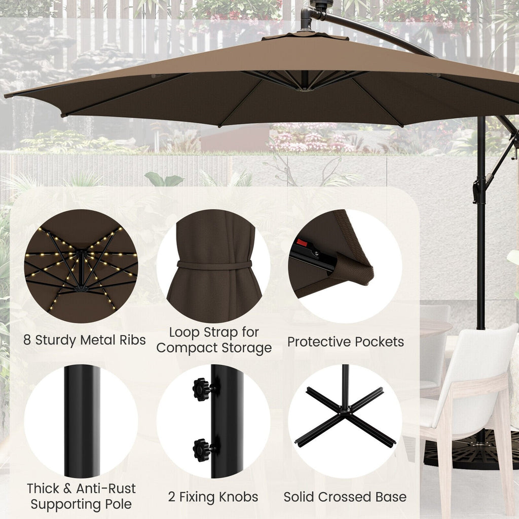 Parasol déporté de 3 m avec 112 lumières LED solaires - Beige-Café