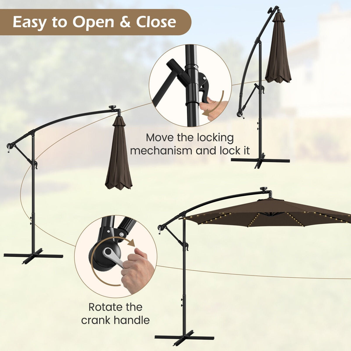 Parasol déporté de 3 m avec 112 lumières LED solaires - Beige-Café