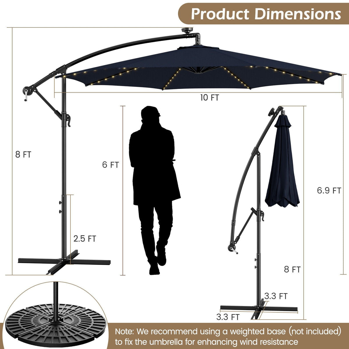 Parasol déporté de 3 m avec 112 lumières LED solaires - Beige - Bleu marine