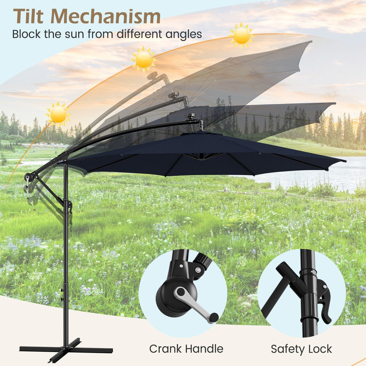 Parasol déporté de 3 m avec 112 lumières LED solaires - Beige - Bleu marine