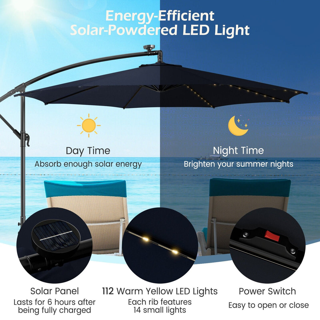 Sombrilla excéntrica de patio de 3 m con 112 luces LED de energía solar - Beige - Azul marino