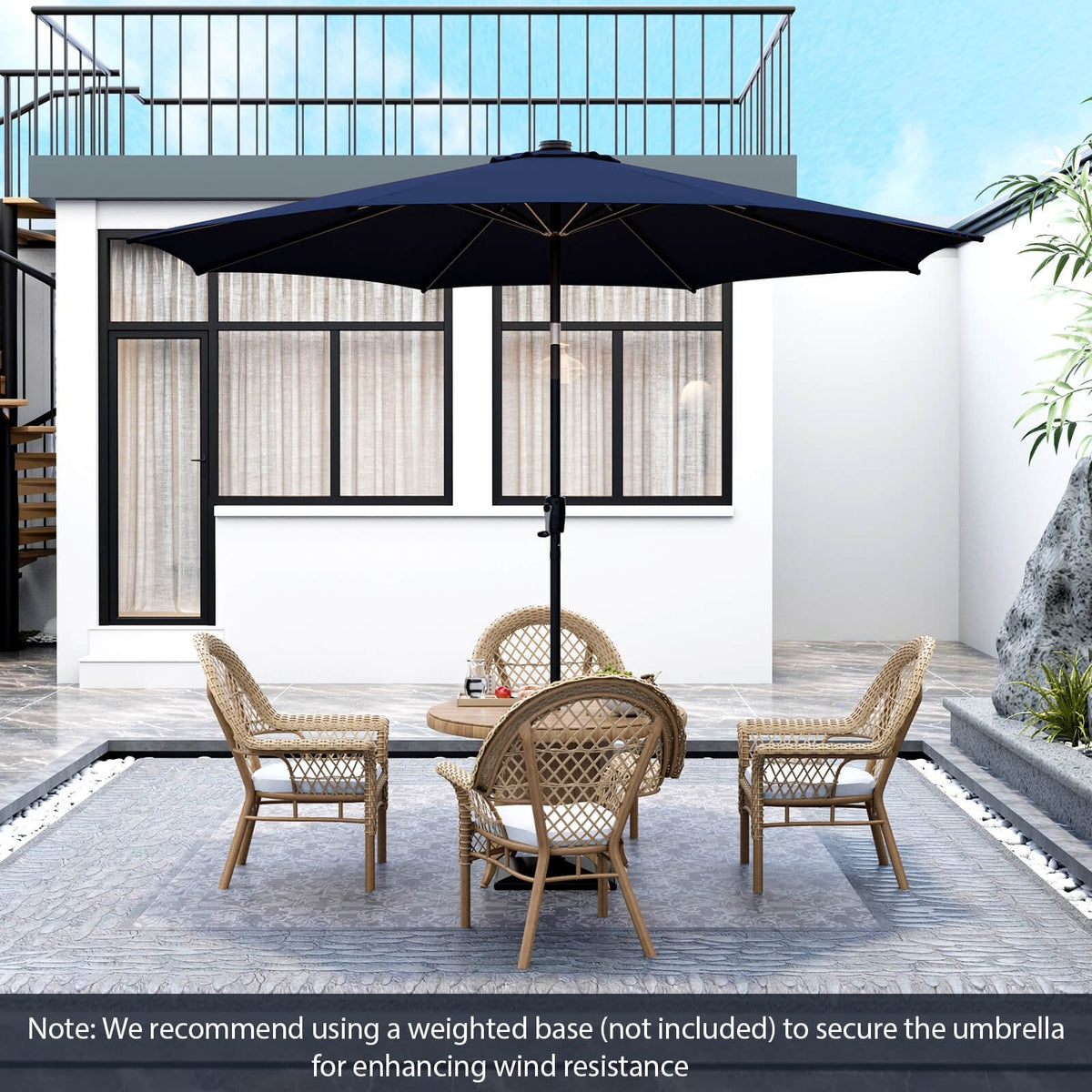 Parasol de terrasse de 3 m avec 112 lumières solaires et manivelle - Bleu marine