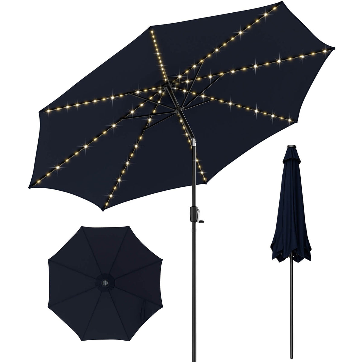 Parasol de terrasse de 3 m avec 112 lumières solaires et manivelle - Bleu marine