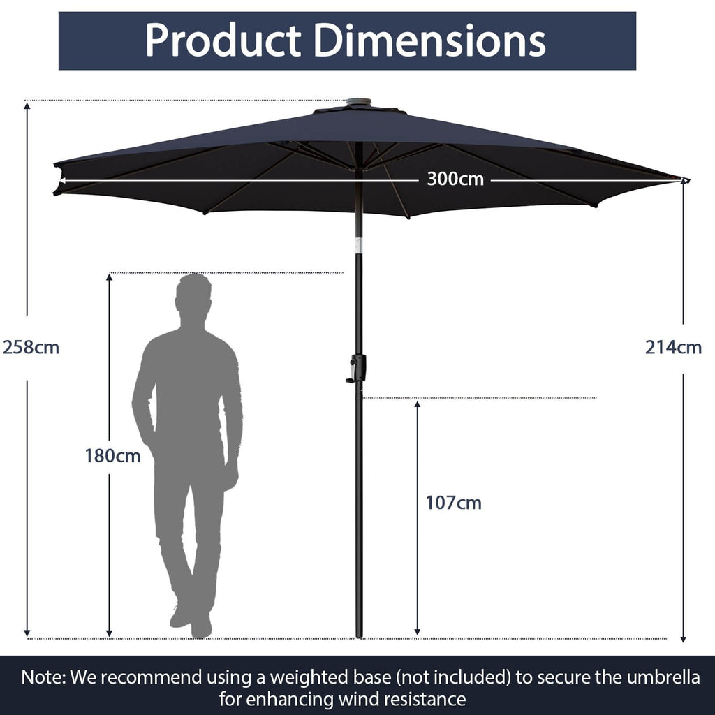 Parasol de terrasse de 3 m avec 112 lumières solaires et manivelle - Bleu marine