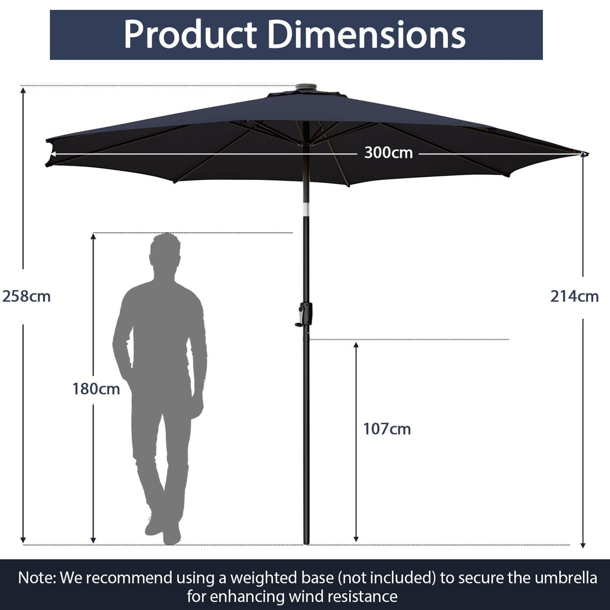 Parasol de terrasse de 3 m avec 112 lumières solaires et manivelle - Bleu marine